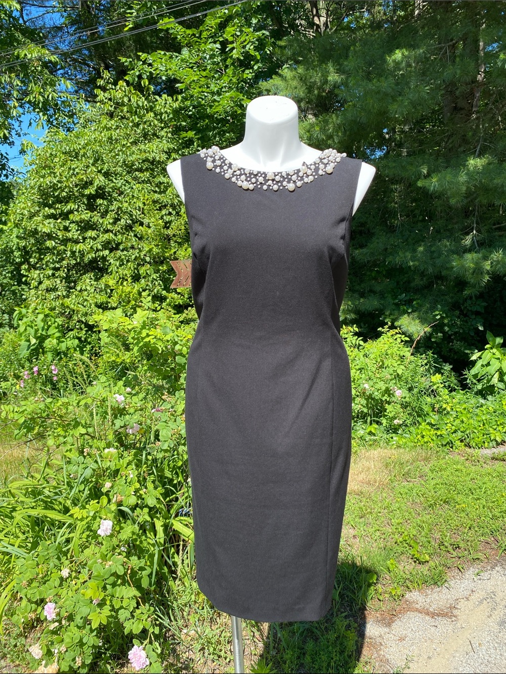 Calvin Klein faux pearl beaded neckline lines little black dress size 18W